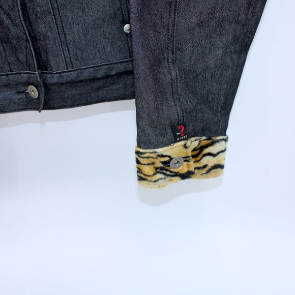 GUESS Black Denim Jacket with Animal Print Trim - Picture 3 of 12
